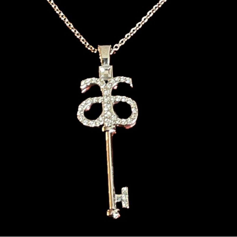 Skeleton Key with Crystals Pendant Necklace on 18" Silver Tone Chain